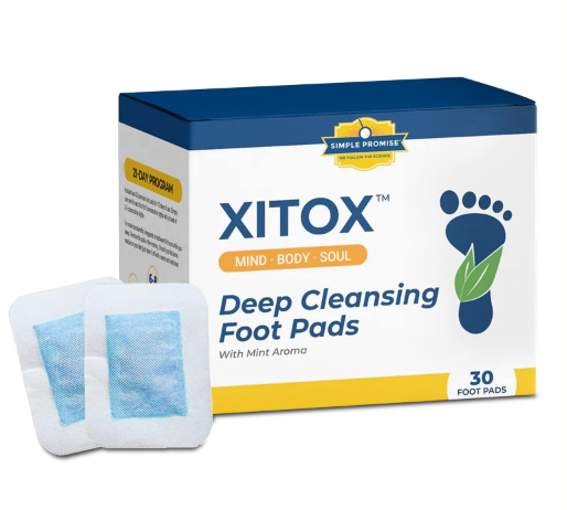 Xitox™ Deep Cleansing Foot Pads box with 30 count and overnight external-use pads displayed.